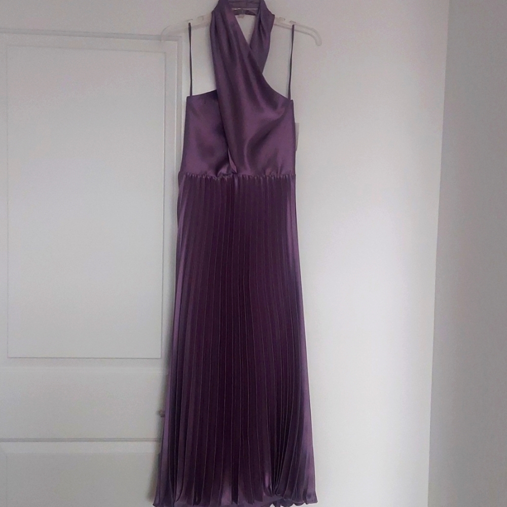 AMSALE Halter Pleated Satin Violet Gown